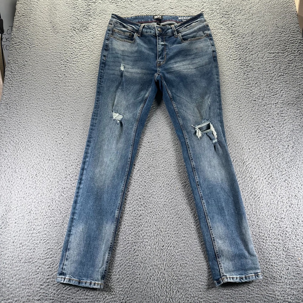 Dkny Mercer Jeans Men 32x32 Blue Cotton Denim Skinny Distressed Workwear Stretch